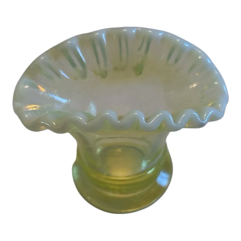1940's Fenton Mini Fan Vase Topaz Opalescent Ruffled Edge Vaseline GLOWS UV #05